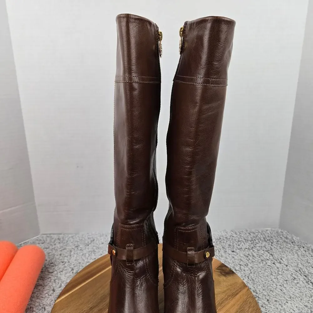 Tory Burch Womens 6.5M Brown Side Logo Gold Hardware Equestrian Riding Boot Heel